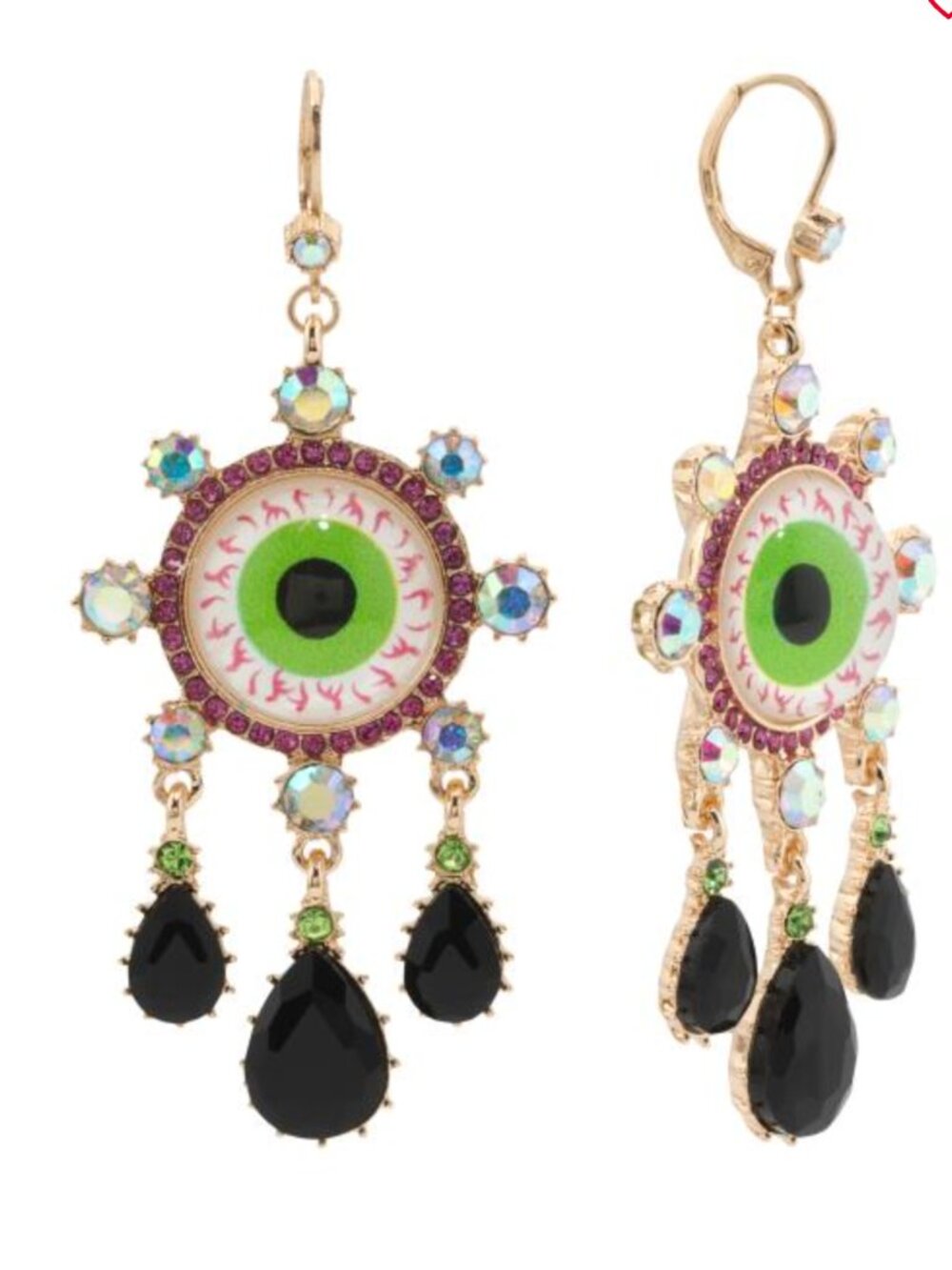 NWT Betsey Johnson earrings eyeballs Halloween chandeliers pink black crystals